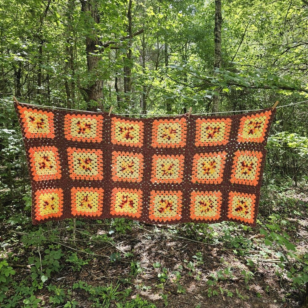 Handmade Vintage 1970s Granny Square Afghan Throw Blanket Orange Yellow Brown